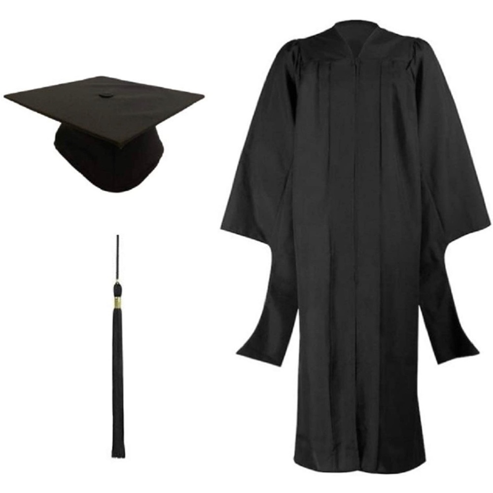 Master’s gown with cap (no tassel included). 40 inches long, black